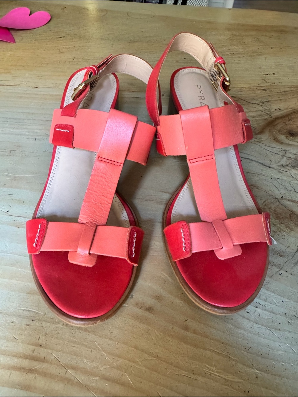 Coral and Red Leather Women’s T-Strap Sandals
